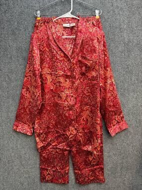 Delicates Women's Satin Pajama Set Paisley Floral Red Button Front Size M